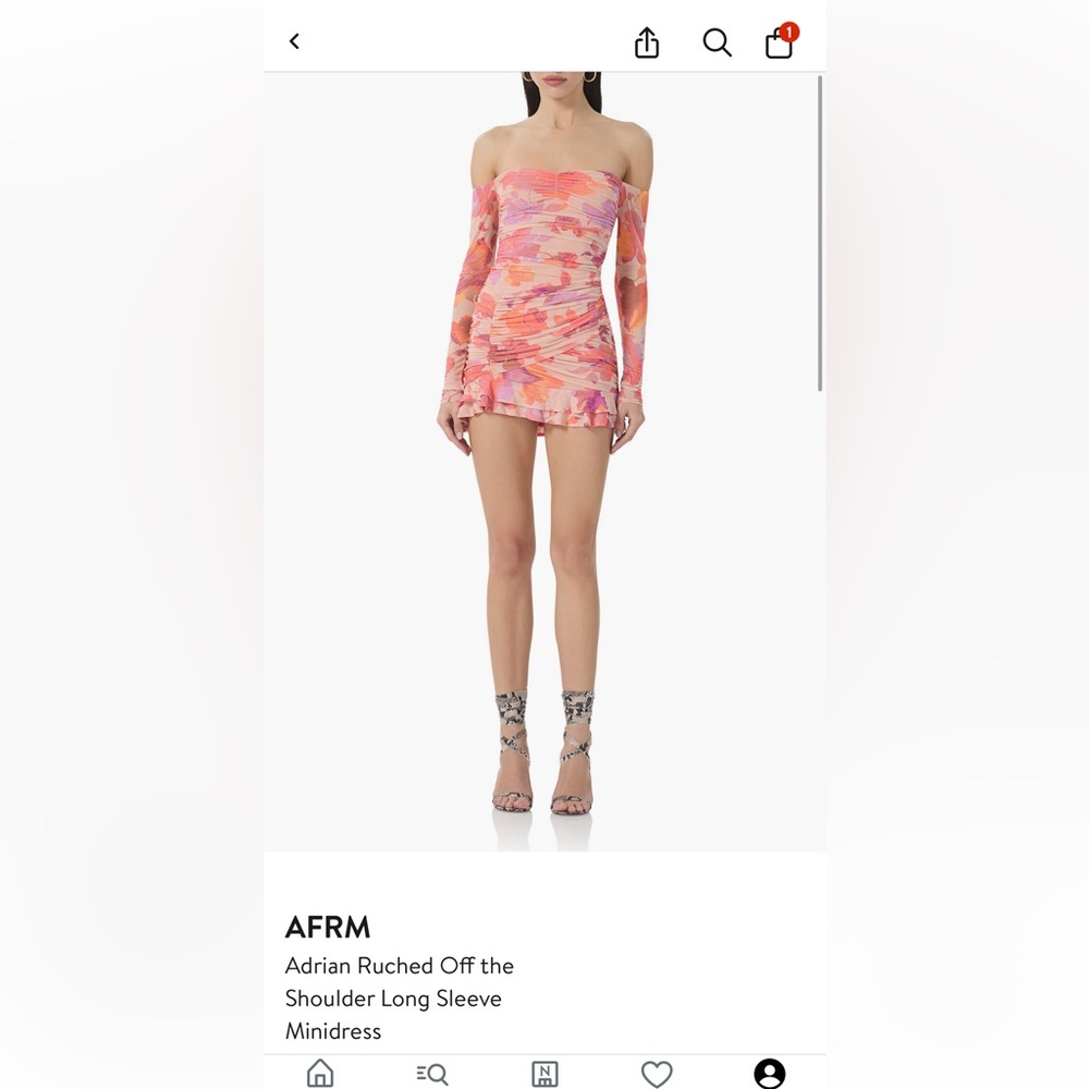 AFRM Adrian Ruched off the shoulder long sleeve mini dress